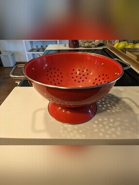 Red Colander Strainer Stainless Trim Handles, Rim 11" Diameter Enamel Pre-owned